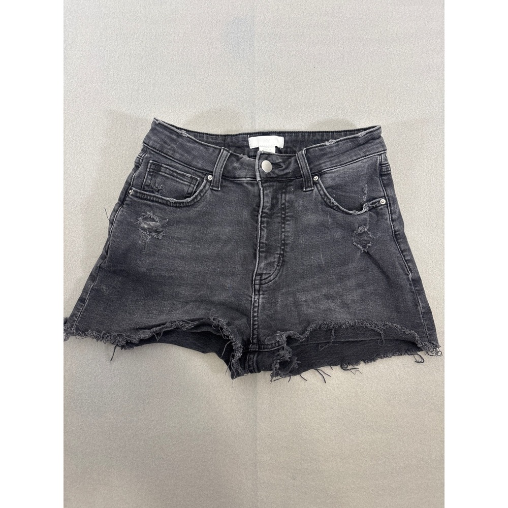 H&M Womens High Waisted Distressed Denim Jean‎ Shorts Black Raw Hem Size 4
